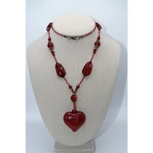 Vintage Red Lucite Heart Necklace 28” Glass Seed Beads Statement